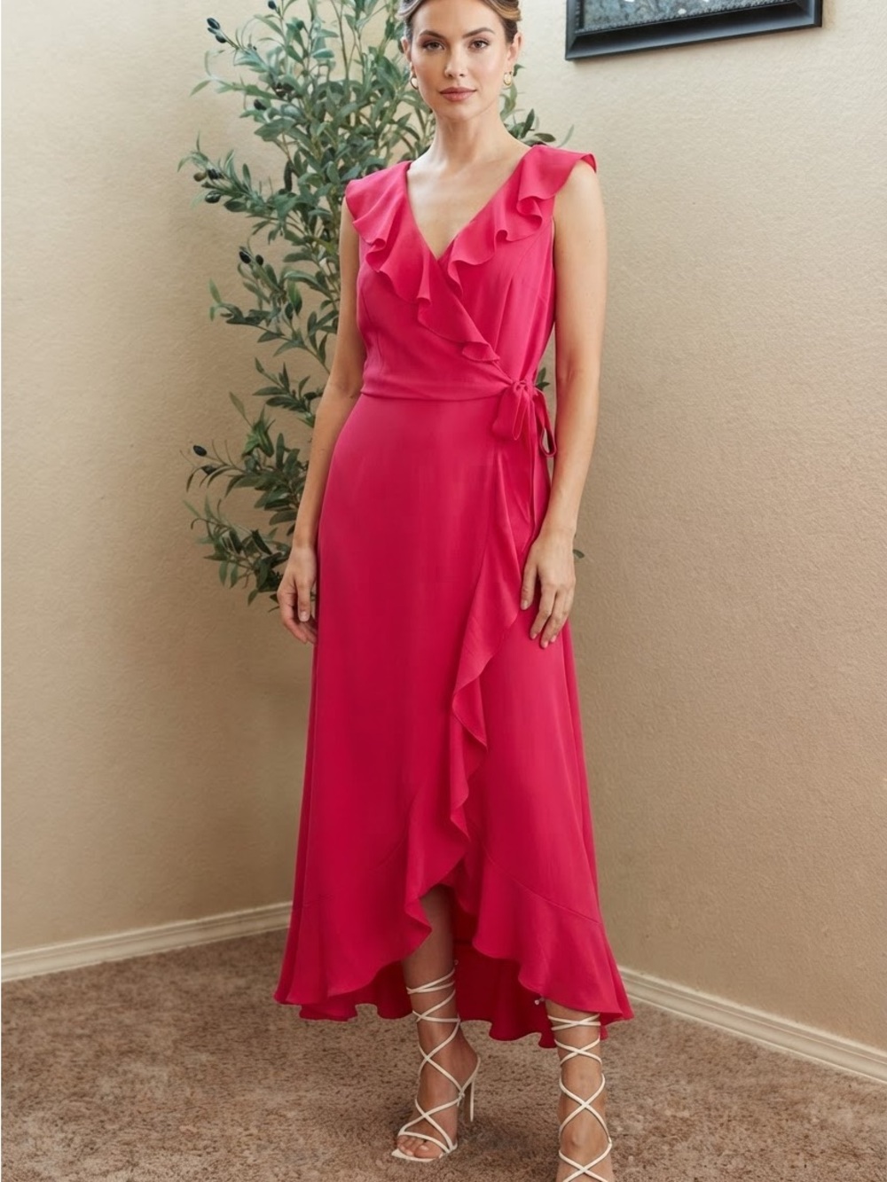 London Times High-Low Dress - Hot Pink Coquette Ruffled